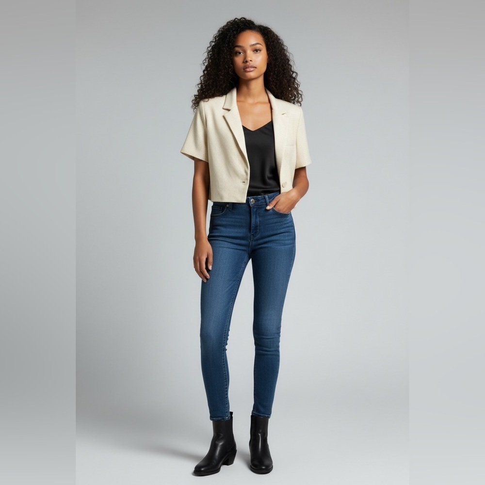 House of  Harlow 2970 Houndstooth Cream  Cropped Short Sleeve  Blazer